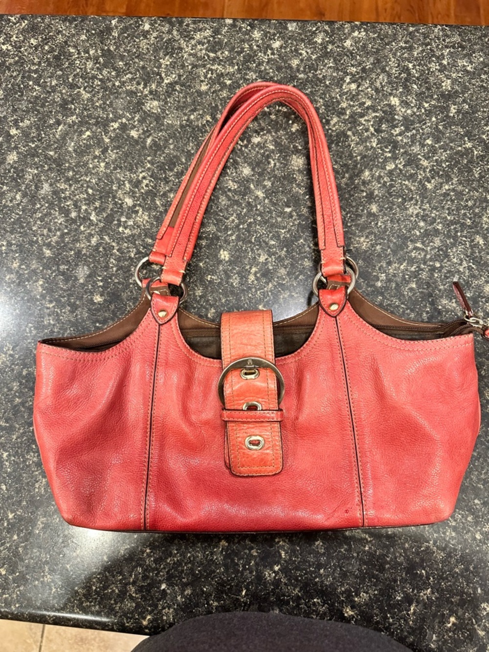 Etienne Aigner Red Leather Shoulder Bag with Buckle Detail